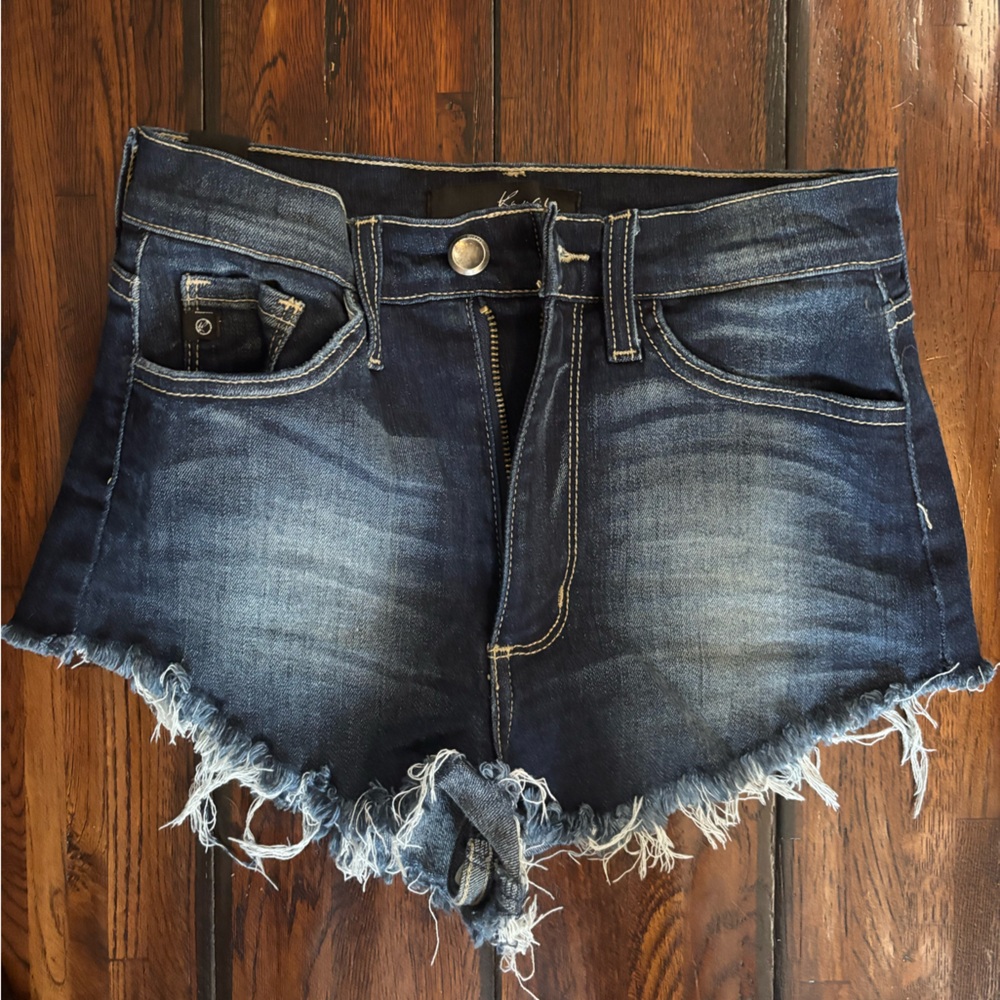 KanCan Dark Wash Frayed Jean Shorts